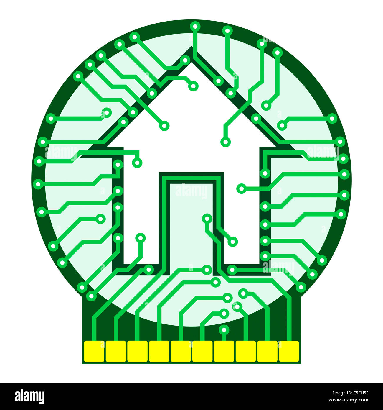 Konzeptionelle Darstellung nach Hause Logo verbunden. Platine mit Haus-Symbol isoliert auf weißem Hintergrund. Vektor-Illustration ich Stockfoto