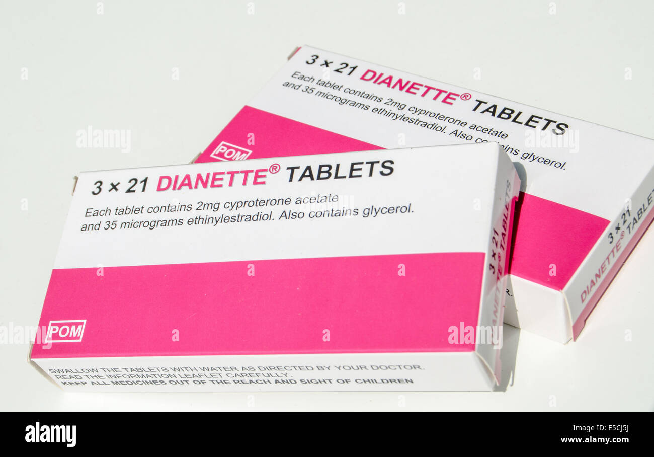 BASINGSTOKE, Großbritannien 1. Juni 2014: Zwei Packungen mit Dianette empfängnisverhütende Tabletten auf einem weißen Hintergrund. Stockfoto