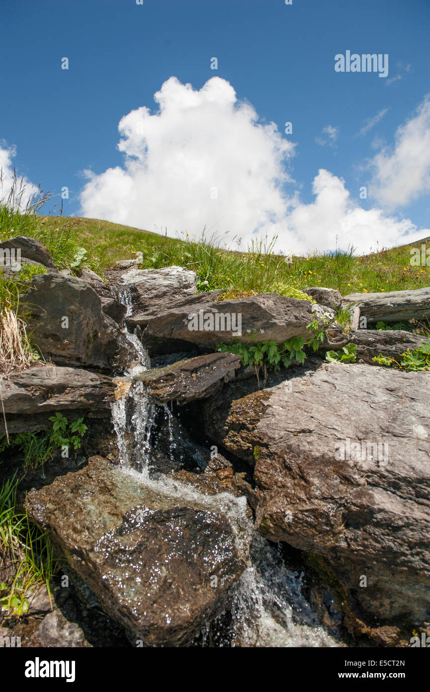 Gebirgsbach kitzeln über Felsen auf Weiden hoch über Verbier, Val de Bagnes, Wallis, Schweiz Stockfoto