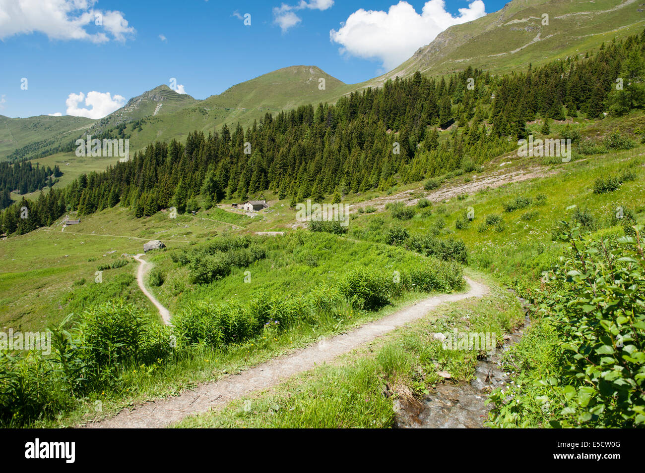 Die Berge von Verbier im Wallis, Schweiz, fallen durch ein ausgedehntes Netz von Wanderwegen zu wandern. Stockfoto