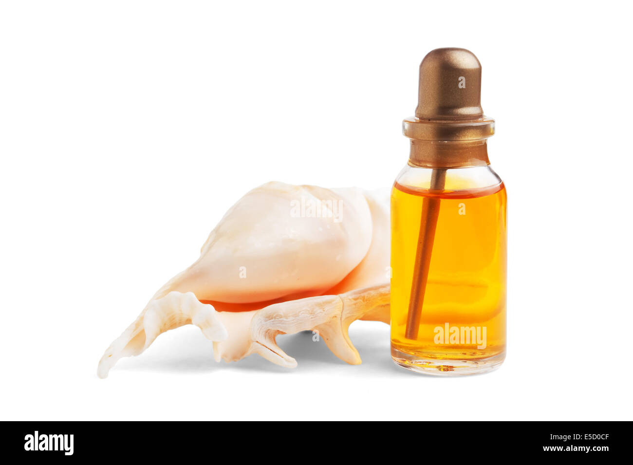 Flasche Medizin und Meer Muscheln isoliert auf weiss Stockfoto