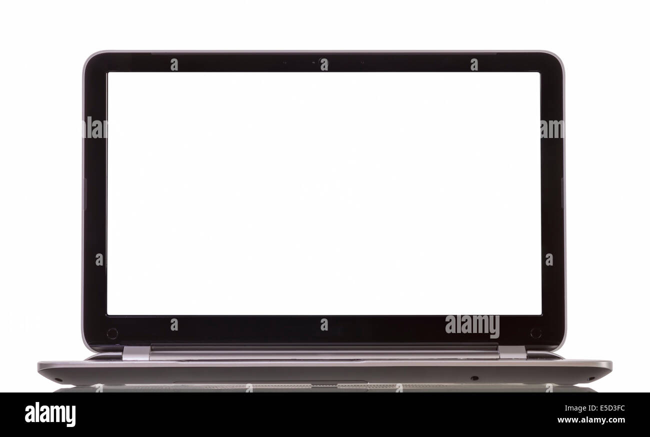 Laptop mit leerer weißer Bildschirm auf weißem Hintergrund Stockfoto