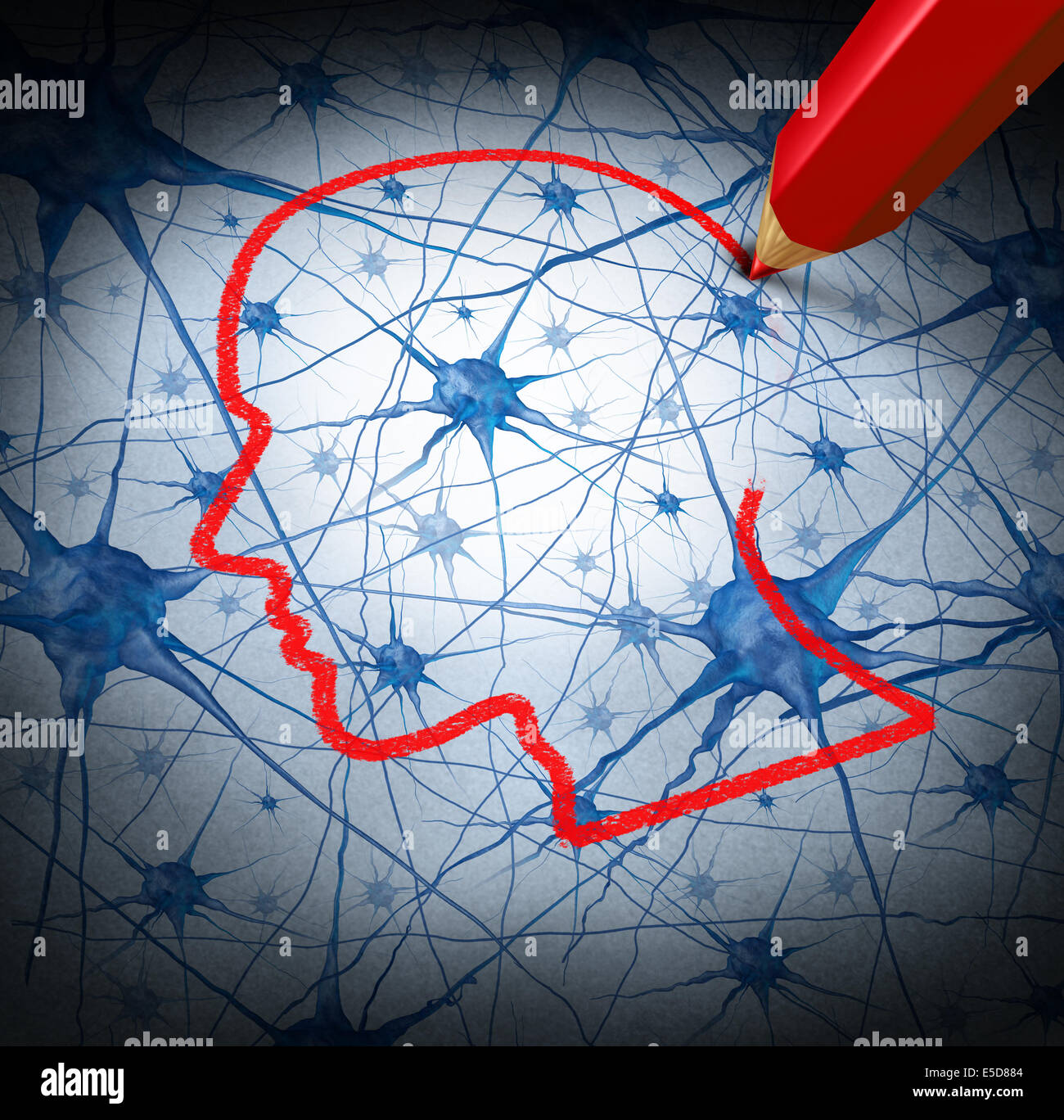 Neurologie-Forschungskonzept untersuchen die Neuronen eines menschlichen Kopfes, Gedächtnisverlust oder Zellen aufgrund Demenz und anderen neurologischen Erkrankungen als psychische Metapher für medizinische Forschung Hoffnung zu heilen. Stockfoto