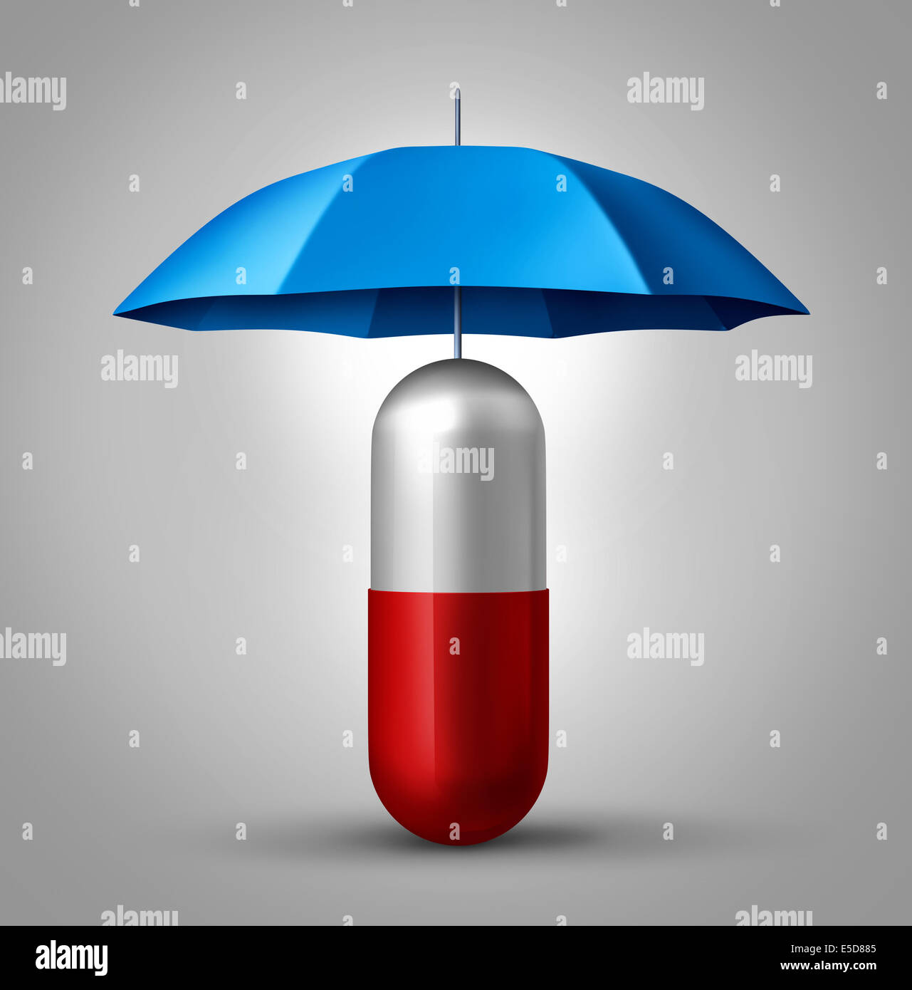Medizin Schutz und Droge Sicherheitskonzept als Gesundheitswesen Symbol mit einer Kapsel Pille mit einem Regenschirm schützt das Pharma-Symbol. Stockfoto