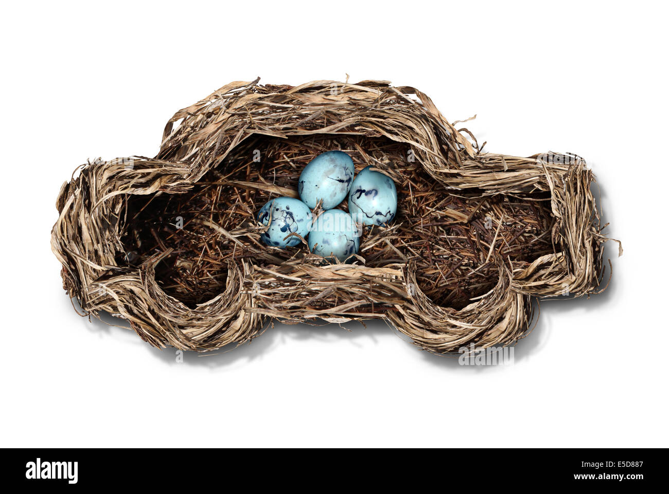 Auto Sicherheit und Auto Versicherungskonzept als Nest geformt wie ein Automobil Schutz einer Familie von Vogeleier als Konzept und als Symbol für Transportsicherheit und sicheres Fahren auf einem weißen Hintergrund. Stockfoto