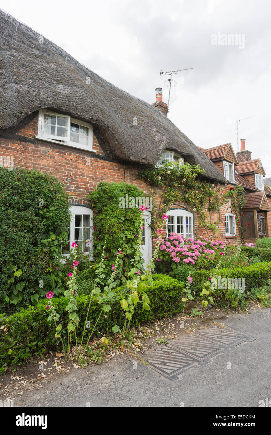 Traditionellen alten strohgedeckten terrassenförmig angelegten Bungalows in großes Bedwyn, einem Dorf in Wiltshire, mit ziemlich Vorgärten Stockfoto