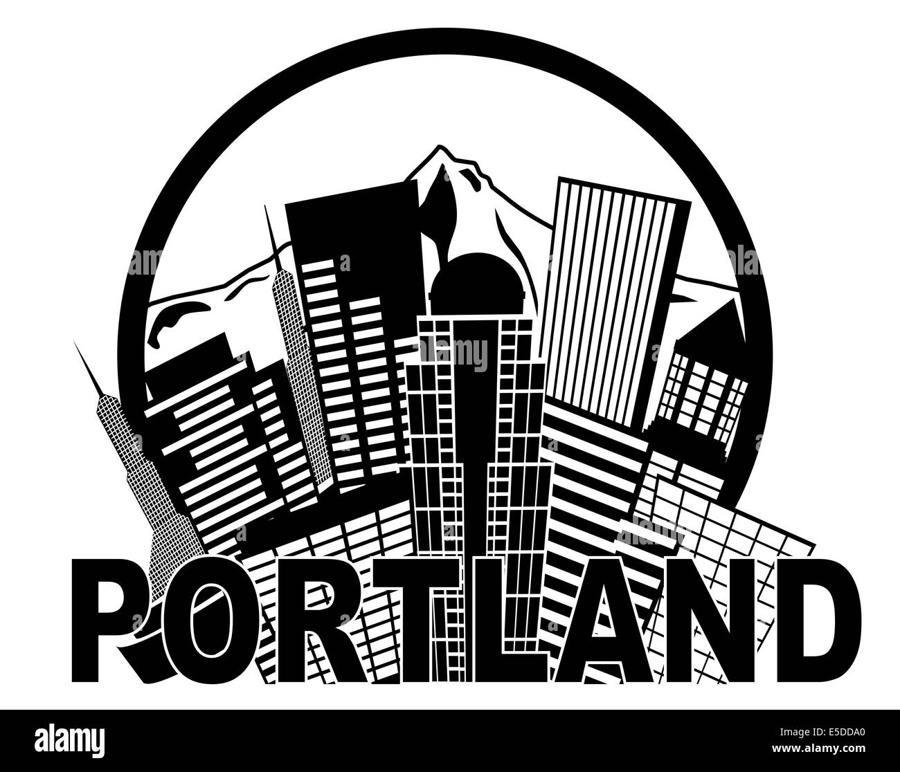 Portland Oregon abstrakt Downtown City Skyline mit Mount Hood schwarz isoliert auf weißem Hintergrund Illustration Stockfoto