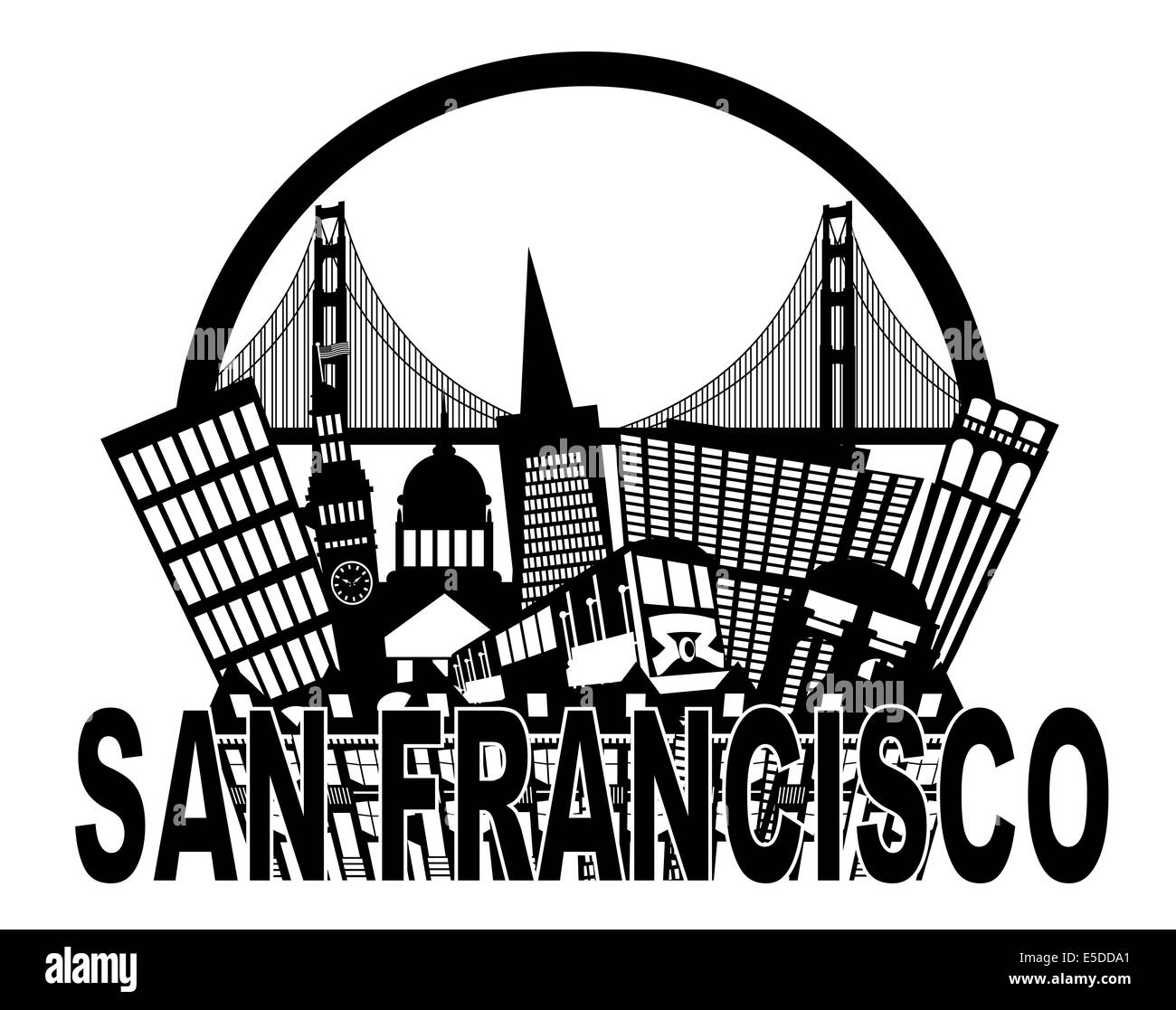 San Francisco California abstrakt schwarz und weiße Downtown Skyline mit Golden Gate Bridge und Seilbahn, Isolated on White Stockfoto