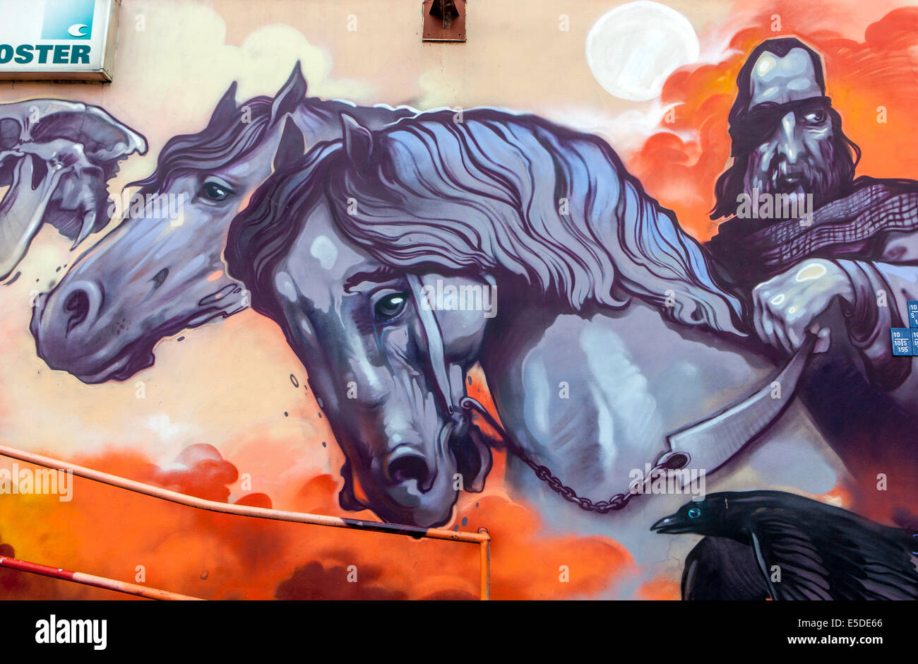 Hussite einäugigen Führer Jan Zizka, Street Art Graffiti an der Wand, Zizkov Prag Tschechische Republik Stockfoto