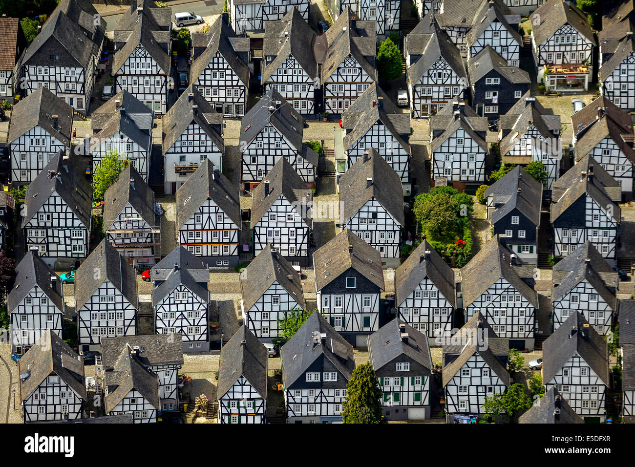 Antenne zu sehen, Fachwerkhäuser, Alter Flecken, Altstadt, Freudenberg, Nordrhein-Westfalen, Deutschland Stockfoto