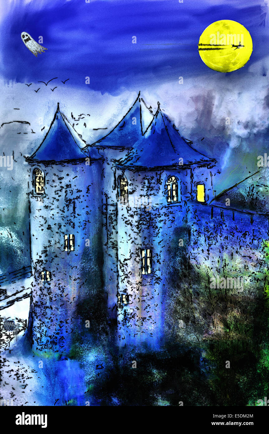 Digitale Malerei, Schloss und Burg Gespenst bei Vollmond Stockfoto