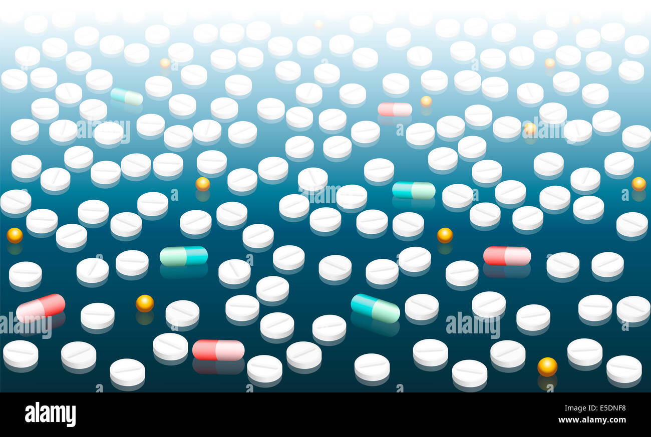 Pillen, Tabletten und Kapseln auf einem gläsernen blau weißen Farbverlauf Oberfläche gleichmäßig verteilt. Stockfoto