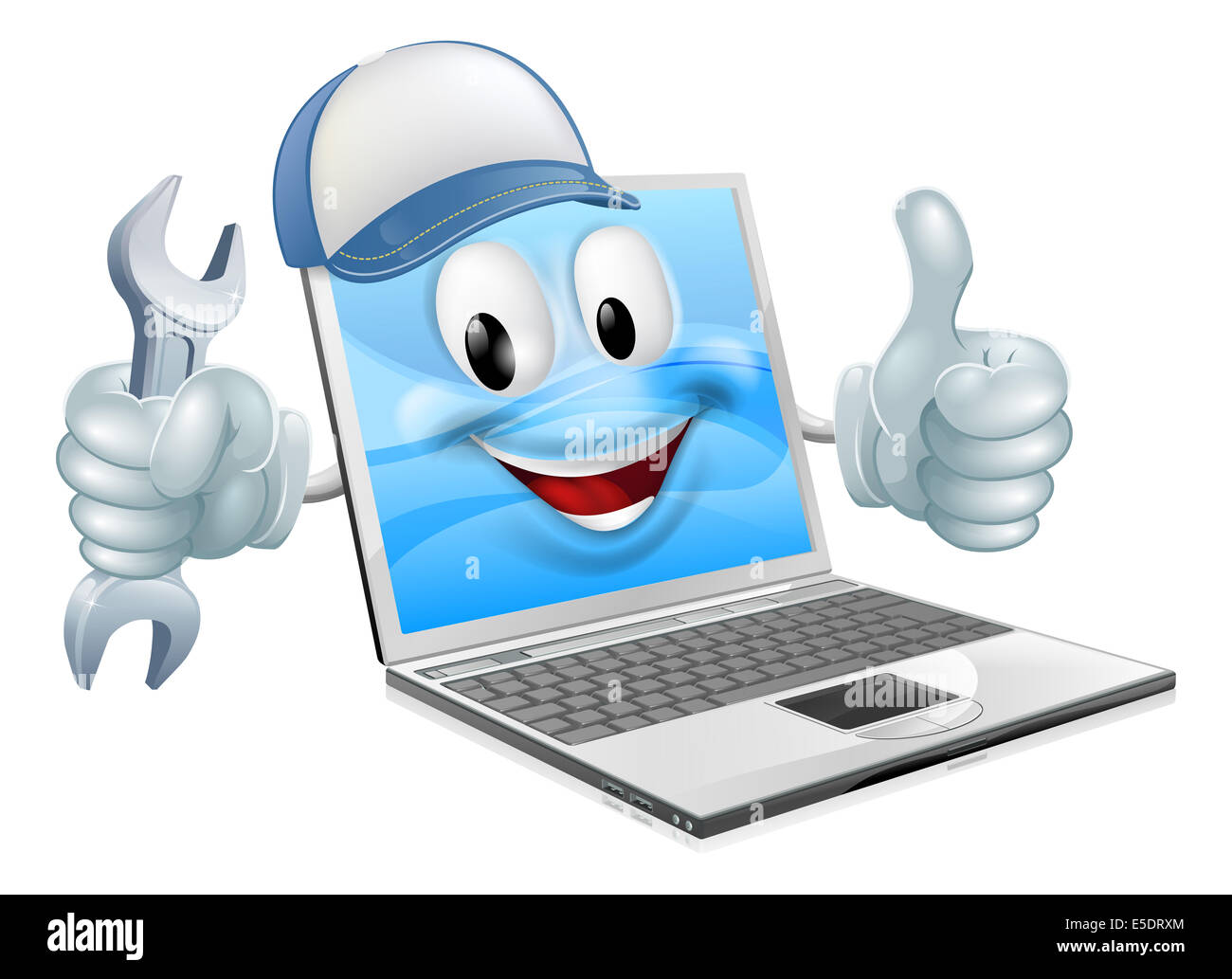 Ein Cartoon Laptop Computer Reparatur Maskottchen mit einer Kappe und Spanner tun einen Daumen nach oben Stockfoto