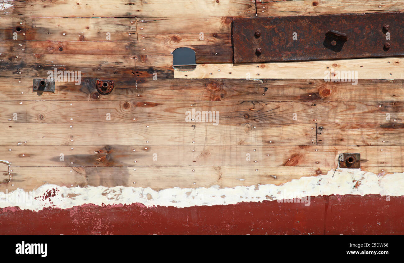 Alten Holzschiff Fragment, Rumpf im Umbau, Foto Hintergrundtextur Stockfoto