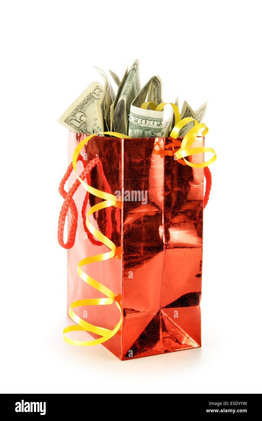 Geschenktüte mit Dollar isoliert auf weißem Hintergrund Stockfoto