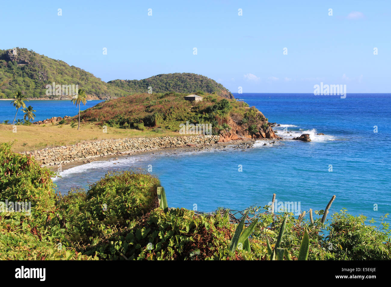 Felsige Küste in Antigua Barbuda in der Karibik kleine Antillen West Indies. Stockfoto