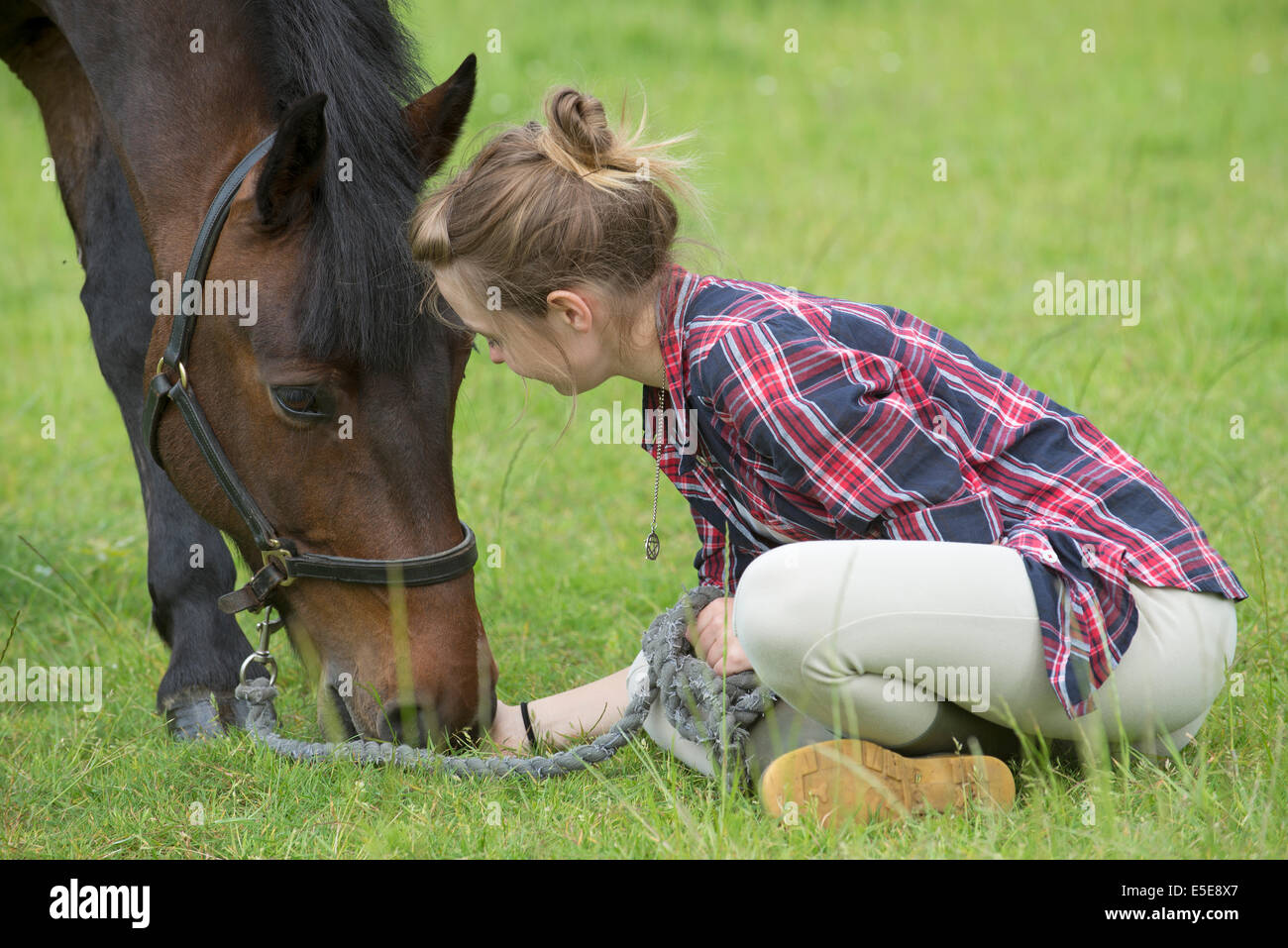 Junge Teenager-Mädchen sitzen in einem Feld mit ihrem Pony. Stockfoto