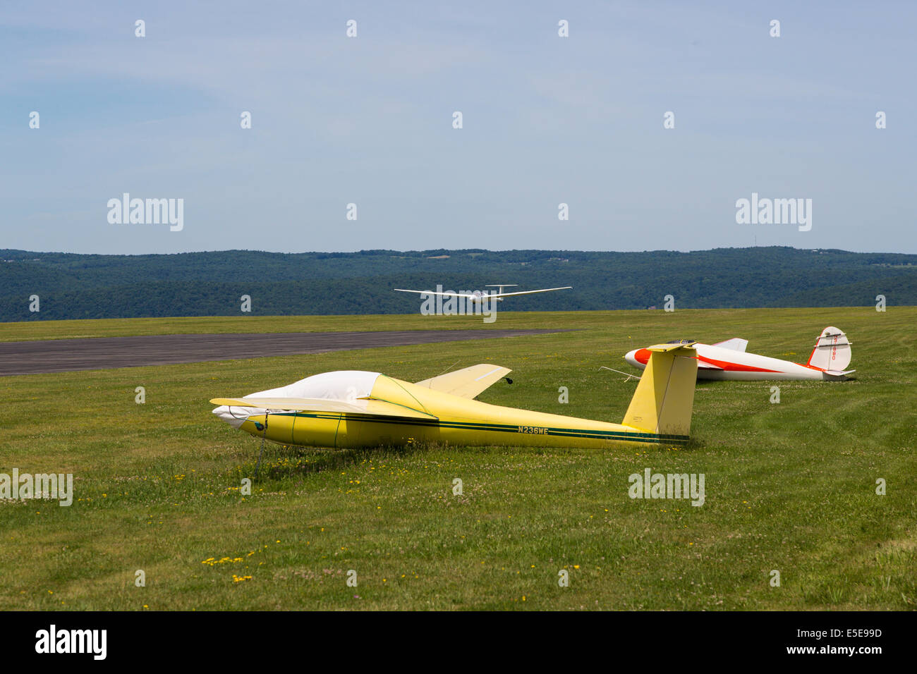 Flugzeug landet auf dem Harris Hill Soaring Center in Horseheads in der Nähe von Elmira, New York Stockfoto