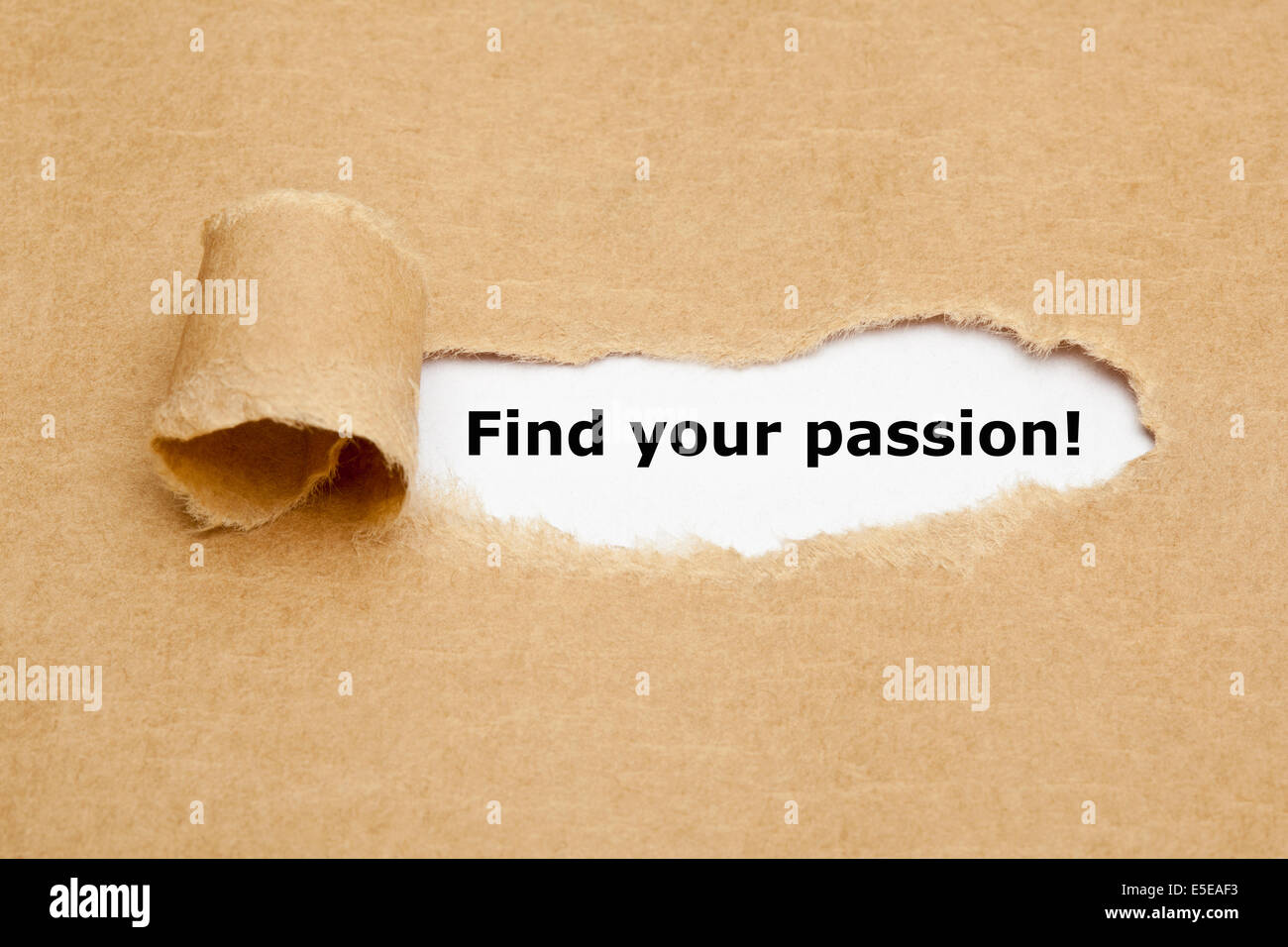 Finden Sie Ihre Leidenschaft! erscheint hinter zerrissenes braunen Papier. Stockfoto