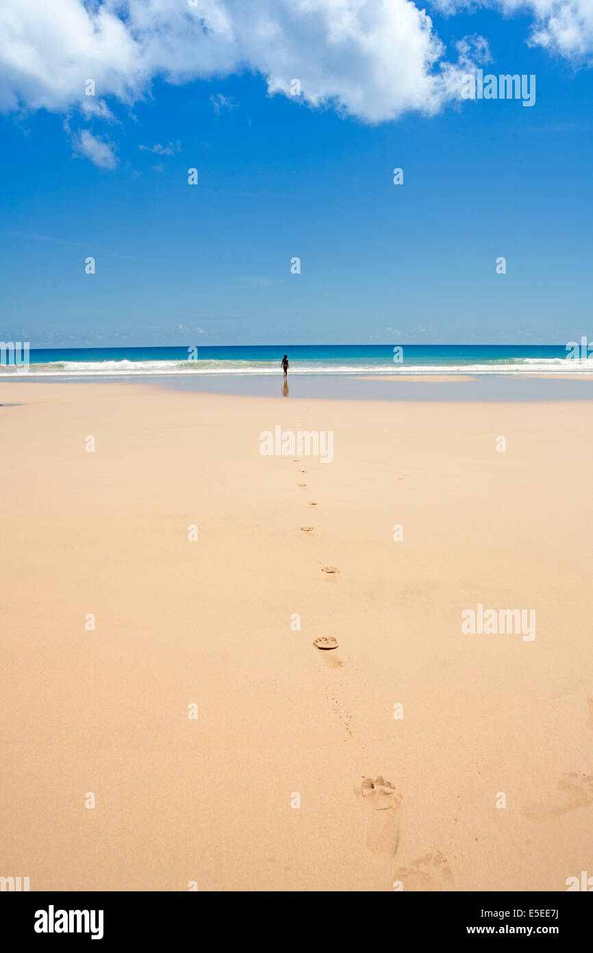 Figur in einer Landschaft. Eine junge Frau an einem einsamen tropischen Strand auf der Insel Fernando de Noronha in Brasilien Stockfoto
