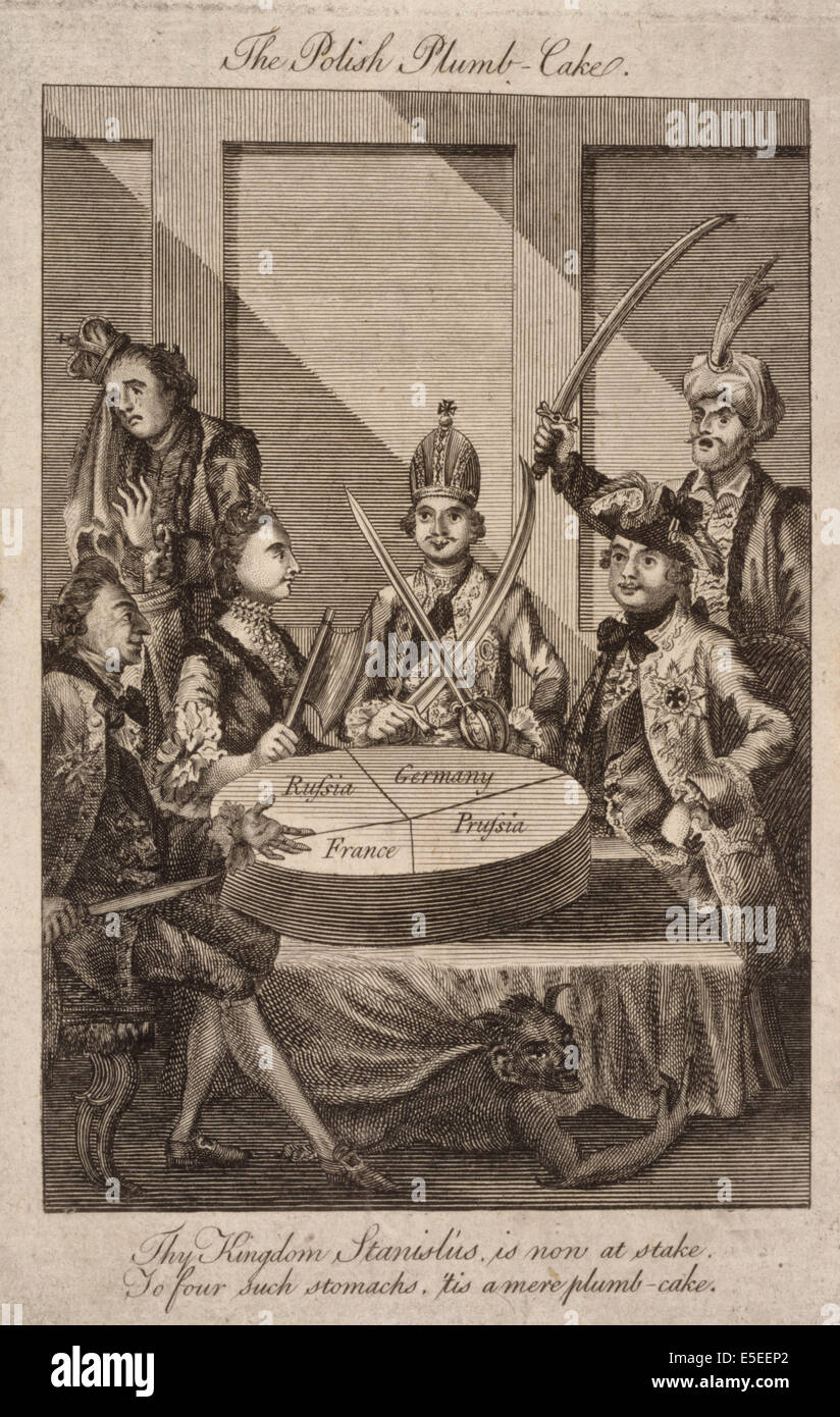 Die polnische Lot-Kuchen - Cartoon zeigt, Leopold II. und Frederick William II mit Schwertern gezeichnet, Catherine II mit einem Beil und Louis XV mit einem Messer sitzen um ein Tisch auf dem einen partitionierten Kuchen, aus Polen, jeder Monarch immer eine Separate, aber nicht gleich Aktie ruht; im Hintergrund links steht ist ein weinender König von Polen, auf der rechten Seite, mit Schwert hob der Sultan. Politische Karikatur 1774 Stockfoto