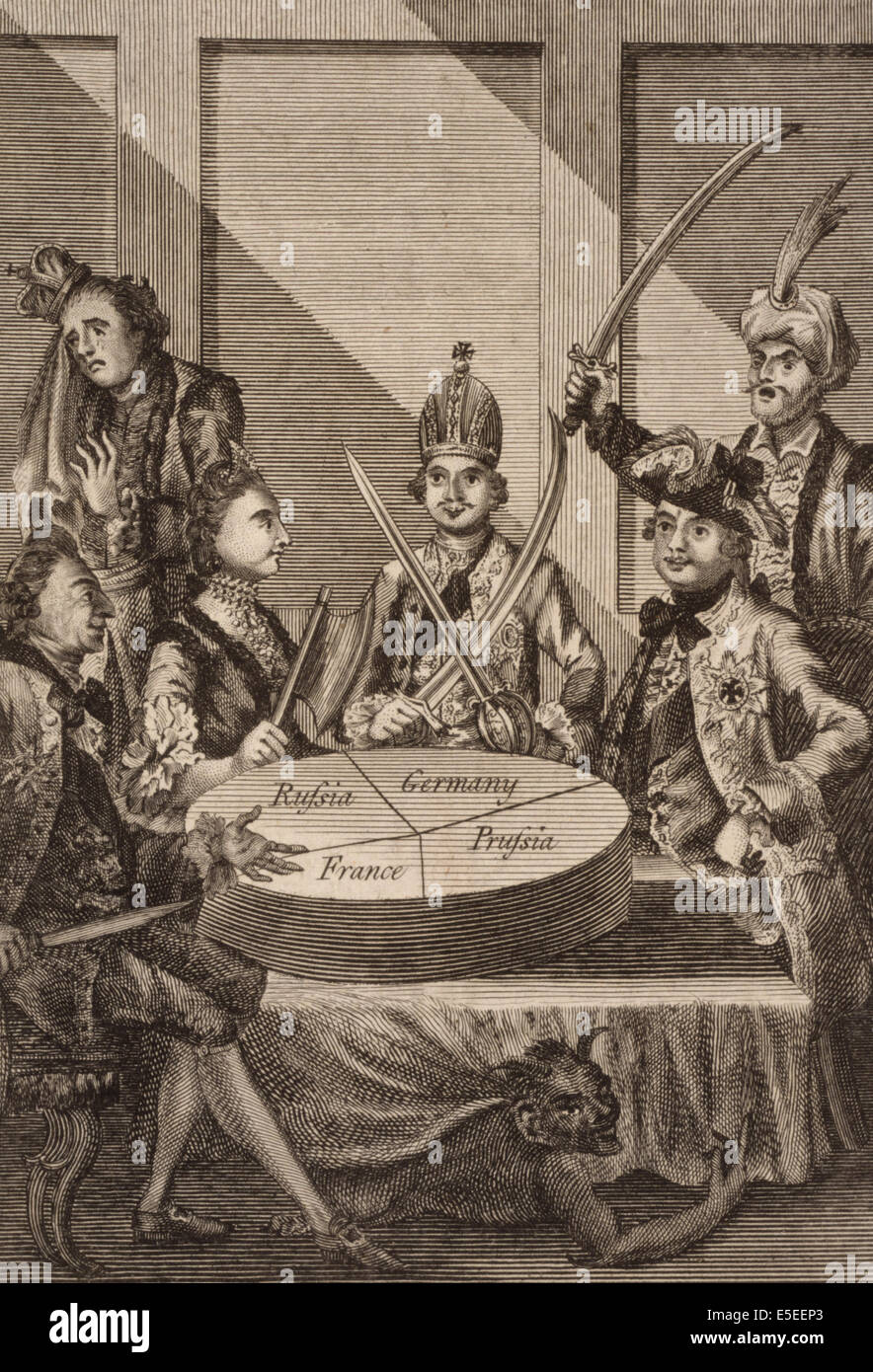 Die polnische Lot-Kuchen - Karikatur zeigt Leopold II und Frederick William II mit Schwertern gezeichnet, Catherine II mit einem Beil und Stockfoto