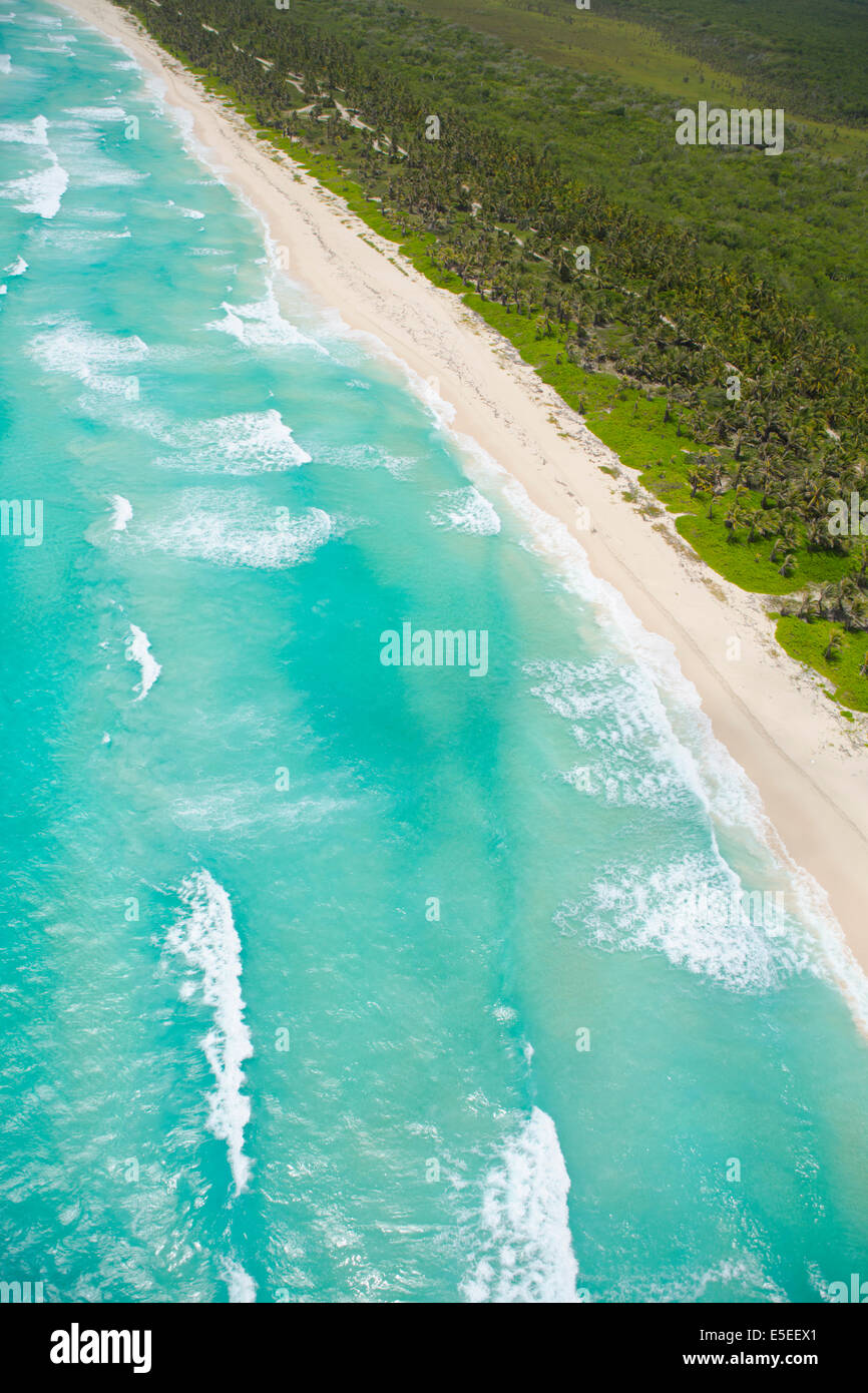 Luftaufnahme von einer einsamen karibischen Strand und das türkisblaue Meer Stockfoto