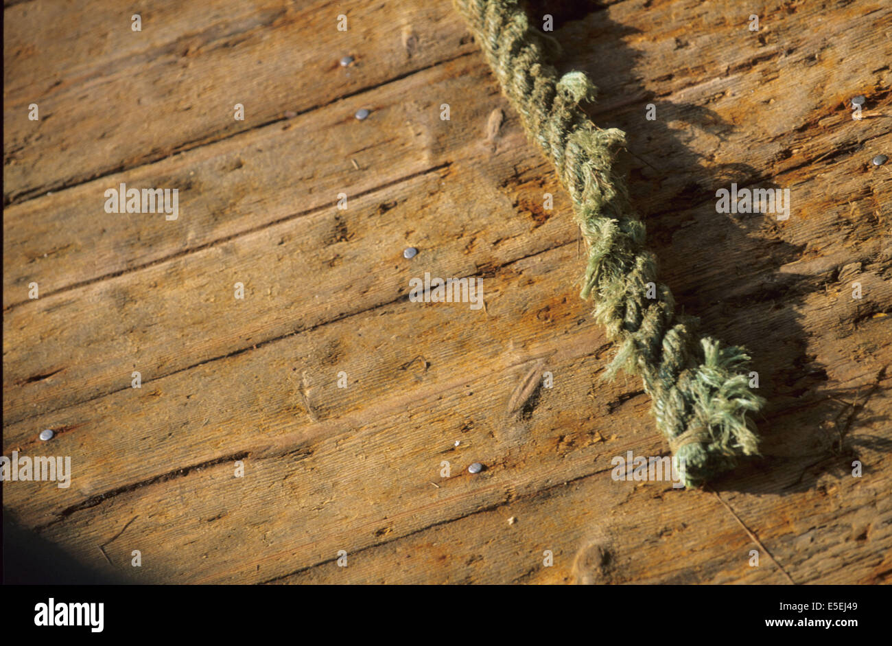 Frankreich, Normandie, Calvados, trouville sur mer, Port de peche, Cordage sur un plancher en bois d'un chalutier, Stockfoto