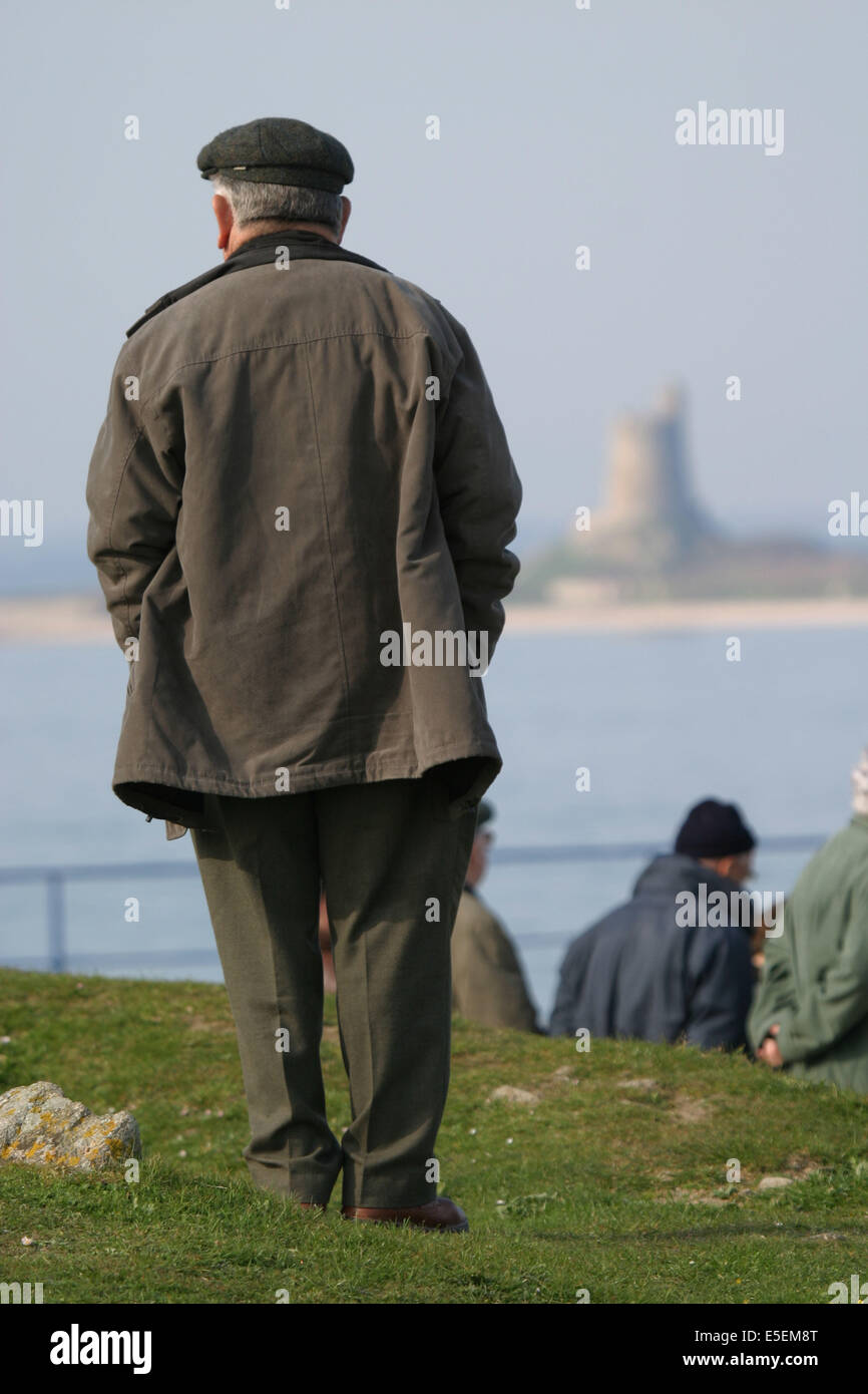 Frankreich, Basse Normandie, Manche, val de saire, ile tatihou, Face a Saint vaast la hougue, Senior Contemplant le Paysage, Stockfoto