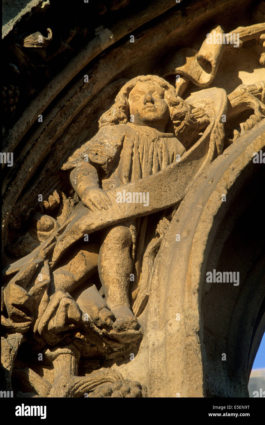 Frankreich, paris 5e, Hotel de cluny, musee du moyen Alter, Cour d'honeur, 6-plazierter Painleve, rue du sommerard, Arkaden, Art gothique, Detail Portail, personnage, Stockfoto