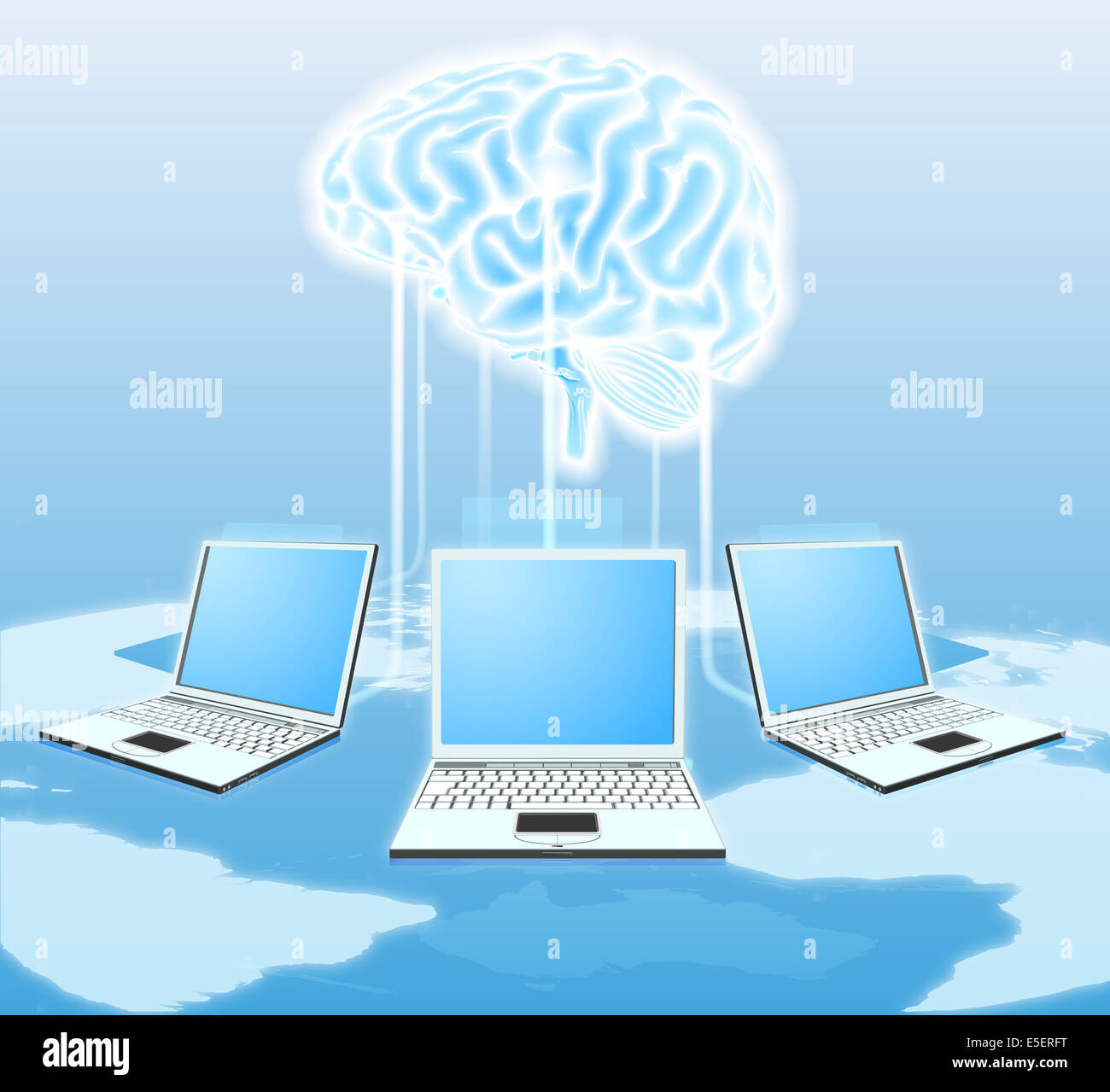 Cloud-Gehirn-Computer-Konzept von Computern auf der ganzen Welt mit einem zentralen Cloud oder Gehirn verbunden Stockfoto