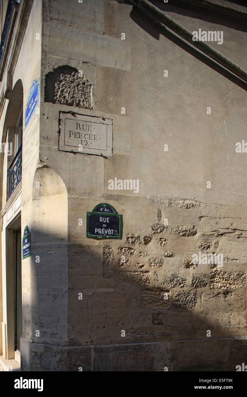 Frankreich, ile de france, paris 4e, le marais, rue du prevot, anciennement rue percee, Plaque de rue et gravure dans le mur, Datum: 2011-2012 Stockfoto