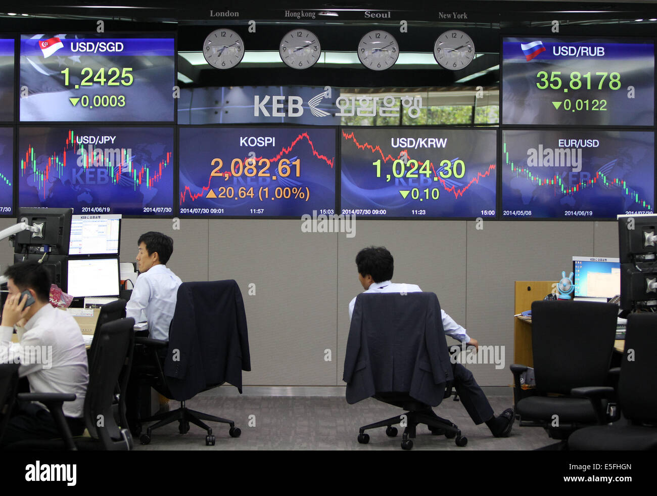 (140730)--SEOUL, 30. Juli 2014 (Xinhua)--Händler arbeiten vor von einem Bildschirm, der Korea Composite Stock Price Index (KOSPI) bei der Korea Exchange Bank in Seoul, die Hauptstadt von Südkorea Hauptsitz, 30. Juli 2014. Die Benchmark Korea Composite Stock Price Index (KOSPI) sprang 20,64 Punkte oder 1 Prozent auf 2,082.61, den höchsten Wert seit 2. August 2011 Nähe wenn es 2.121 berührt. Das Handelsvolumen belief sich auf 338,28 Millionen Aktien im Wert von 6,43 Billionen Won (6,28 Milliarden US-Dollar). (Xinhua/Park Jin-Hee) Stockfoto