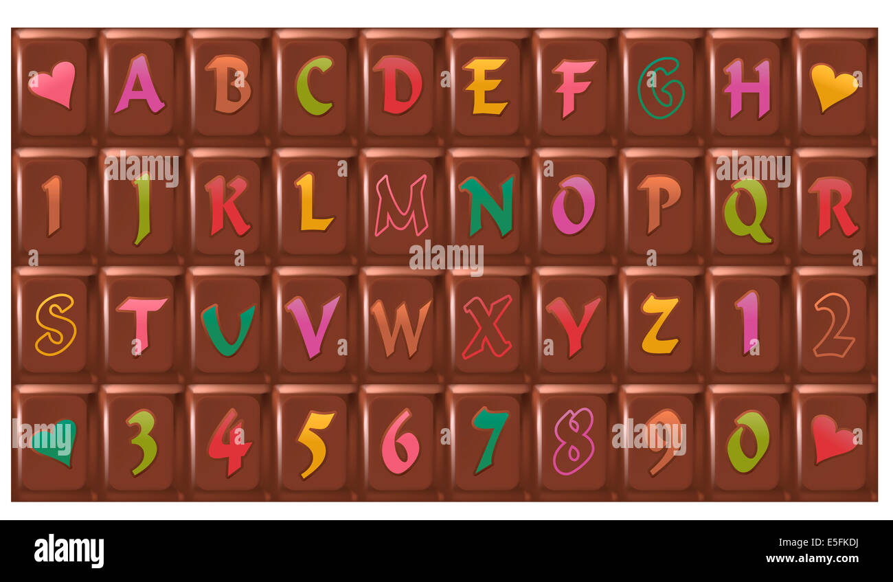 Schokoriegel-Schrift mit Buchstaben bestehend aus vierzig Einzelstücke. Stockfoto
