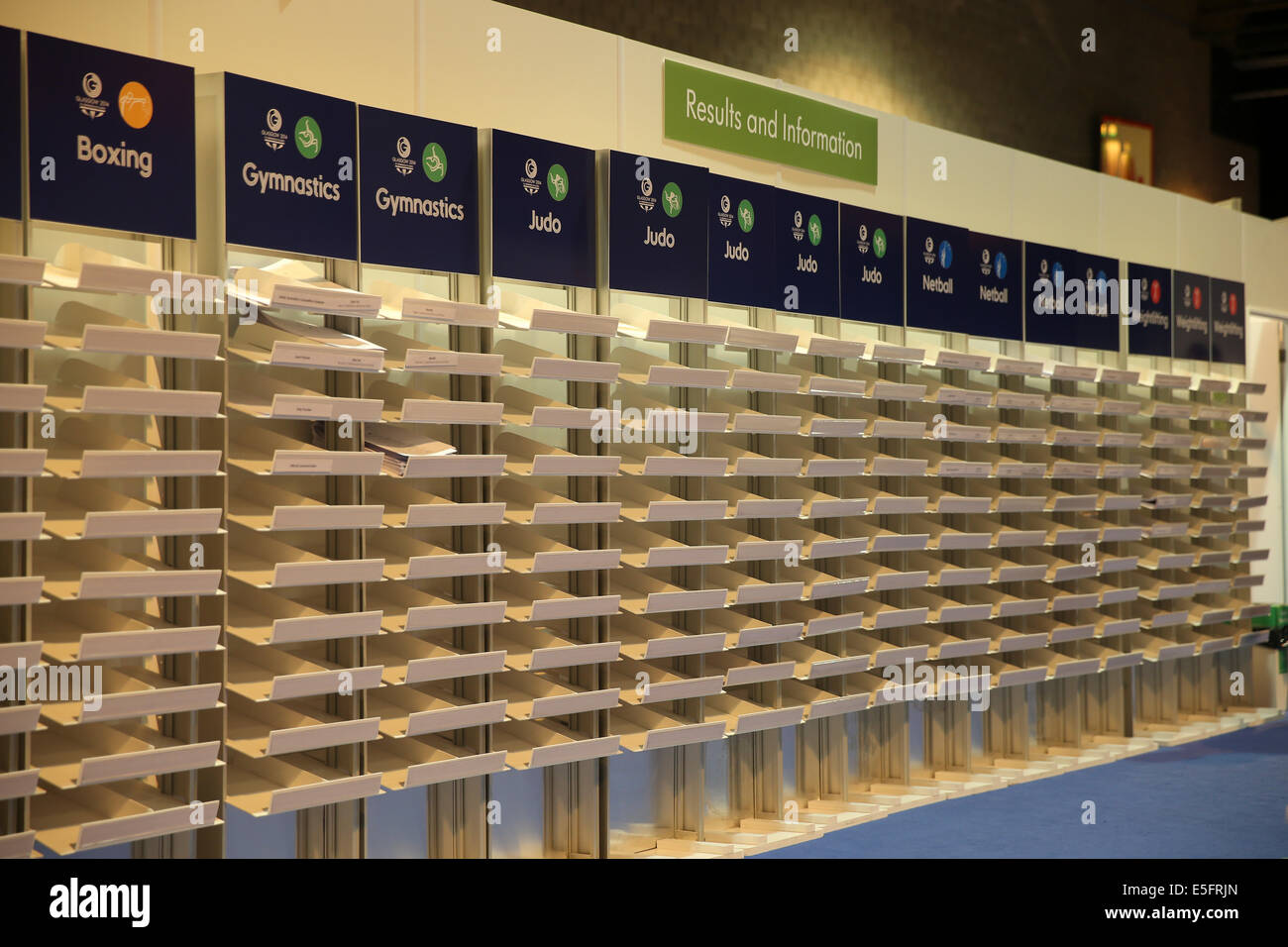 SECC, Glasgow, Schottland, Großbritannien. 30. Juli 2014. Commonwealth Games Tag 7.  Ergebnisse und Informationen Wand im Main Press Center Kredit: ALAN OLIVER/Alamy Live News Stockfoto