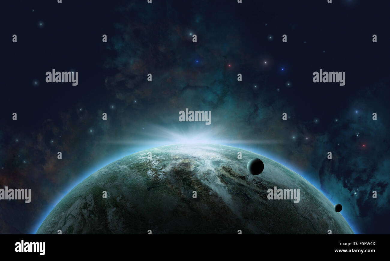 Weltraum Hintergrund mit Planeten und Monden und eclipse Stockfoto