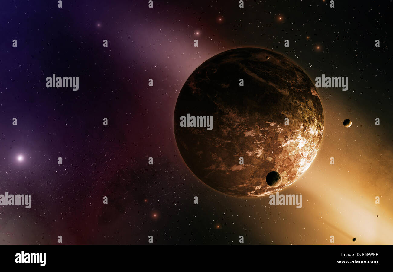 Imaginäre Planeten Monde Sterne Nebel im Raum Stockfoto