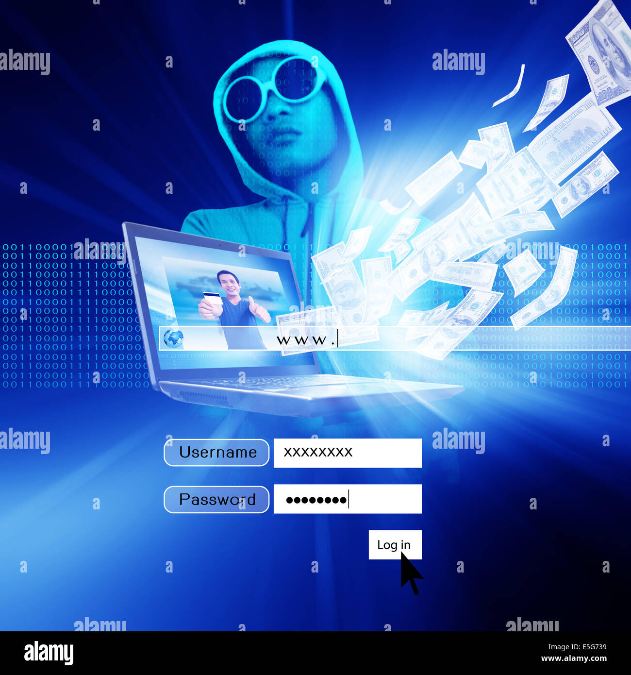 Hacker mit Log auf dem Bildschirm, Computerbetrug, Finanzbetrug, Konzept-Hintergrund Stockfoto