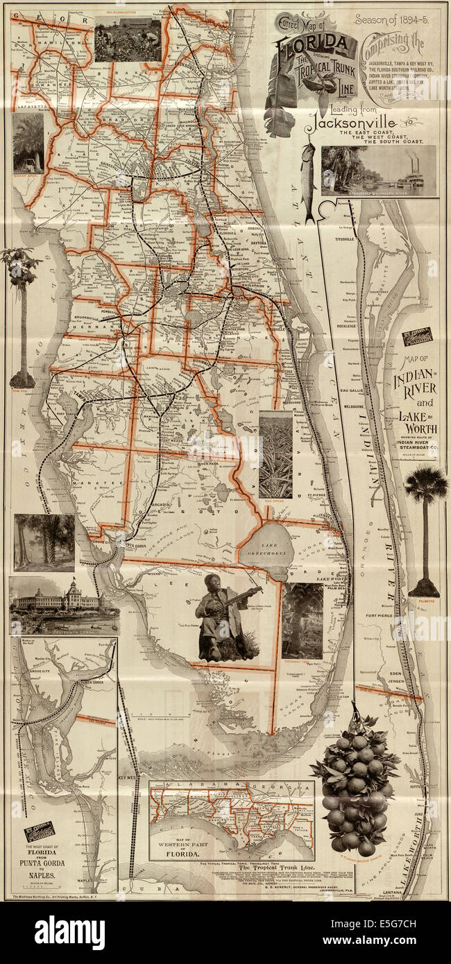 Richtige Karte von Florida: Saison von 1894-5: zeigt die tropischen Stammstrecke Stockfoto