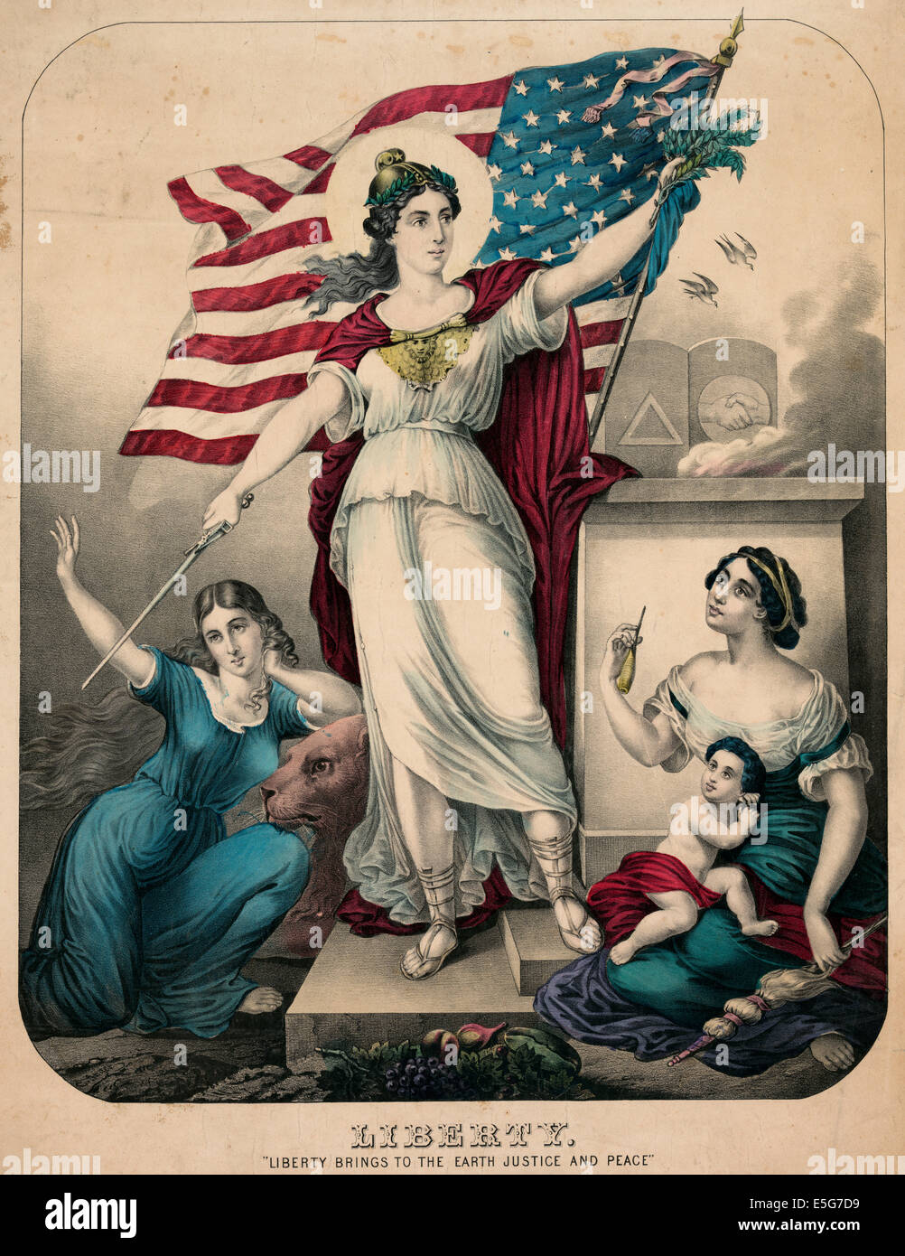 Liberty. "Liberty bringt die Erde Gerechtigkeit und Frieden". Einen großen pro-Union allegorische Druck während des Bürgerkrieges USA, 1864 Stockfoto