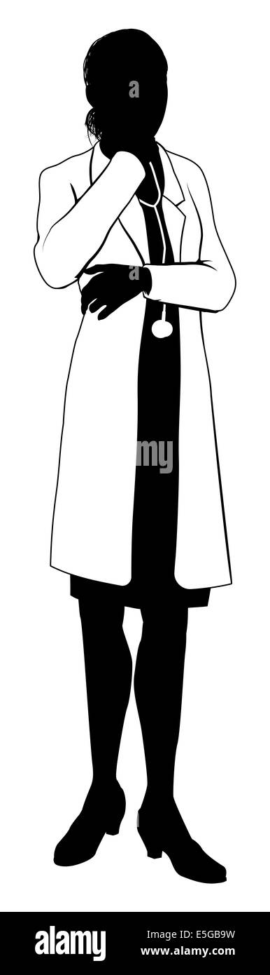 Eine Ärztin mit weißen Kittel und Stethoskop Silhouette mit Hand am Kinn in Gedanken Stockfoto