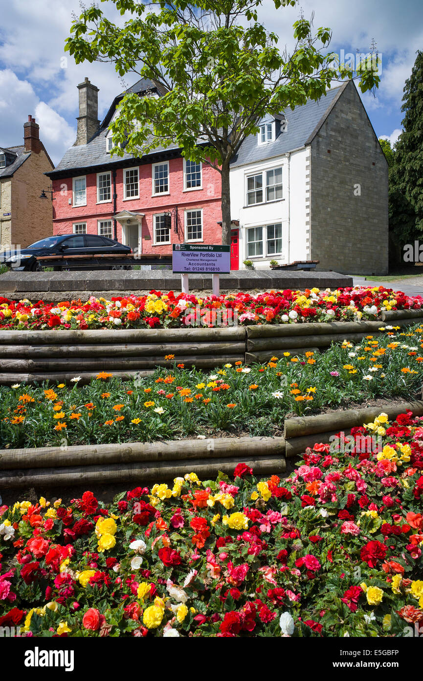 Bunte Blumenbeete im Altstadt Calne in Wiltshire UK Stockfoto