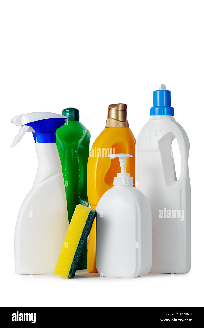 Reinigungsmittel auf weißem Hintergrund Stockfoto