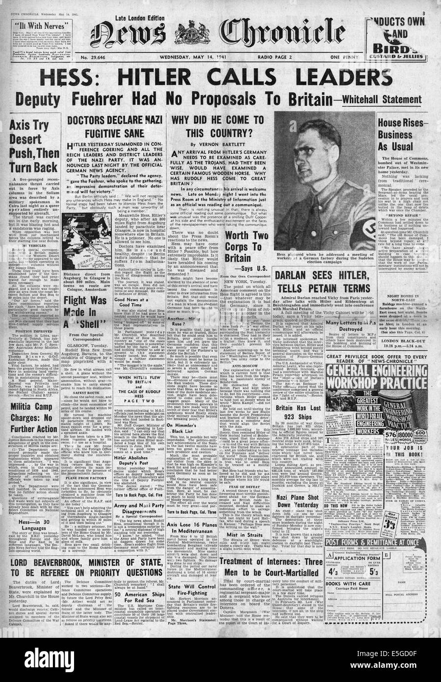 Nachrichten Chronik (UK) Titelseite Berichterstattung Hitlers Stellvertreter Rudolf Heß Flug nach Großbritannien Stockfoto