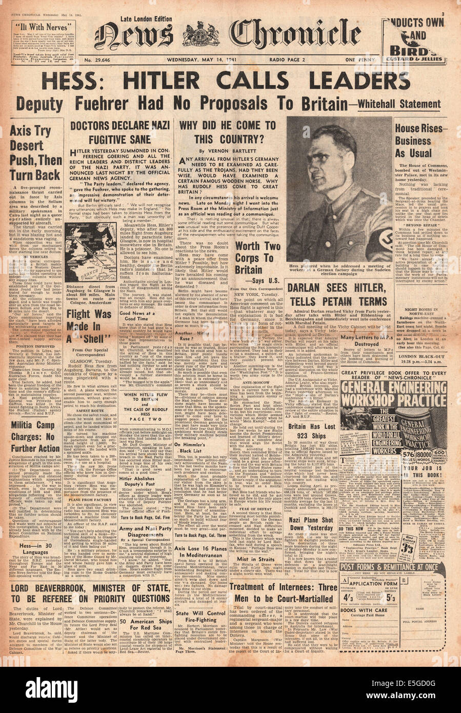 Nachrichten Chronik (UK) Titelseite Berichterstattung Hitlers Stellvertreter Rudolf Heß Flug nach Großbritannien Stockfoto