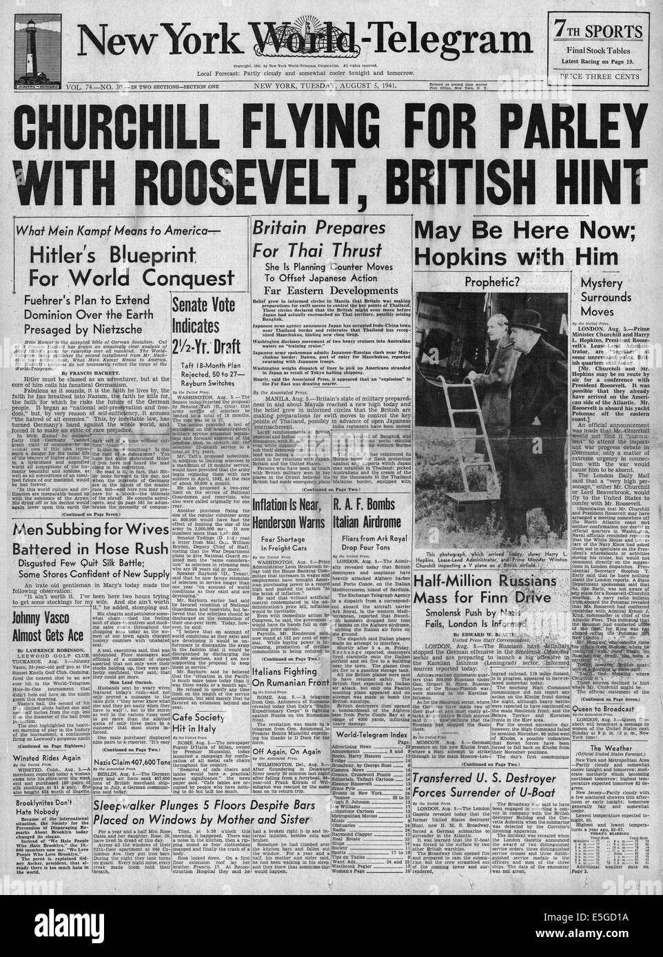 New York World-Telegram (USA) Winston Churchill fliegt um Roosevelt für die Atlantik-Charta zu erfüllen Stockfoto