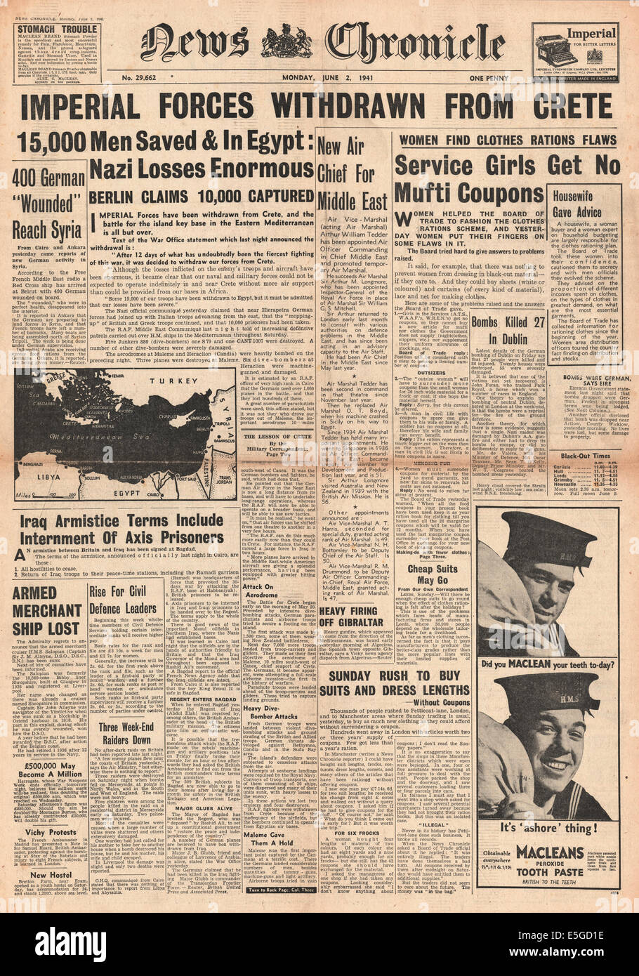 1941 News Chronicle Titelseite Berichterstattung den Herbst von Kreta und den Rückzug aller kaiserlichen Stockfoto