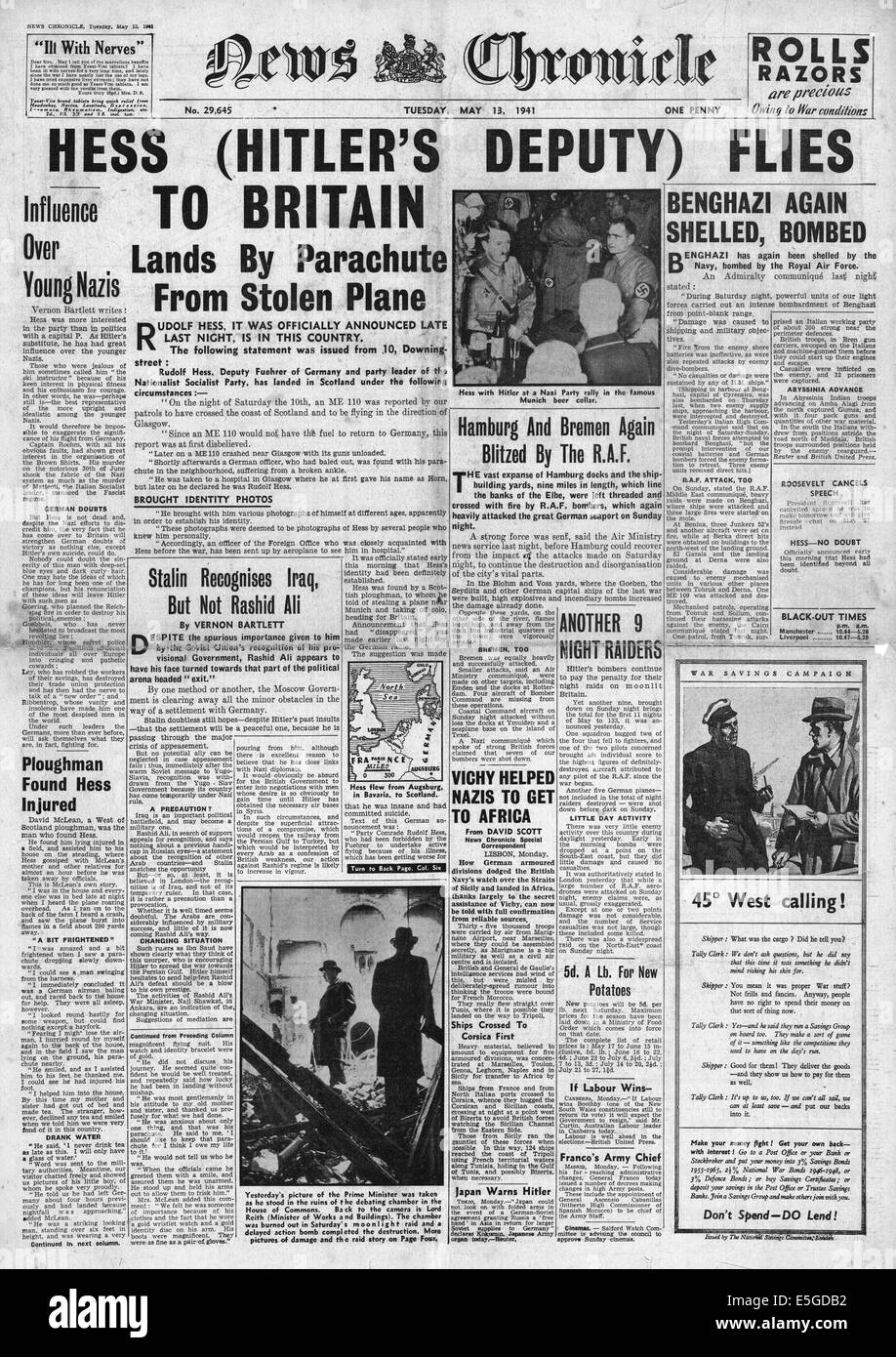1941 News Chronicle Titelseite berichtet Rudolf Hess landet in Großbritannien Stockfoto