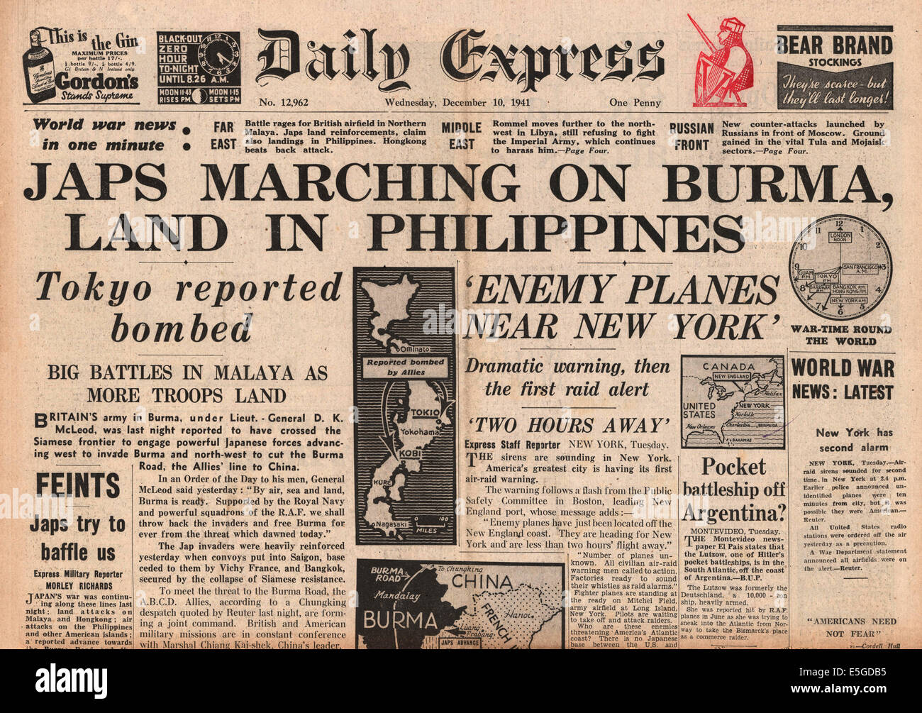 1941 daily Express Startseite Überschrift japanische Armee Fortschritt in Burma und landen auf den Philippinen Stockfoto