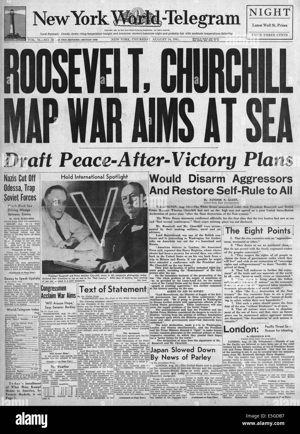 1941 New York World-Telegram Titelseite Berichterstattung Winston Churchill und Roosevelt die Atlantik-Charta-Gespräche Stockfoto